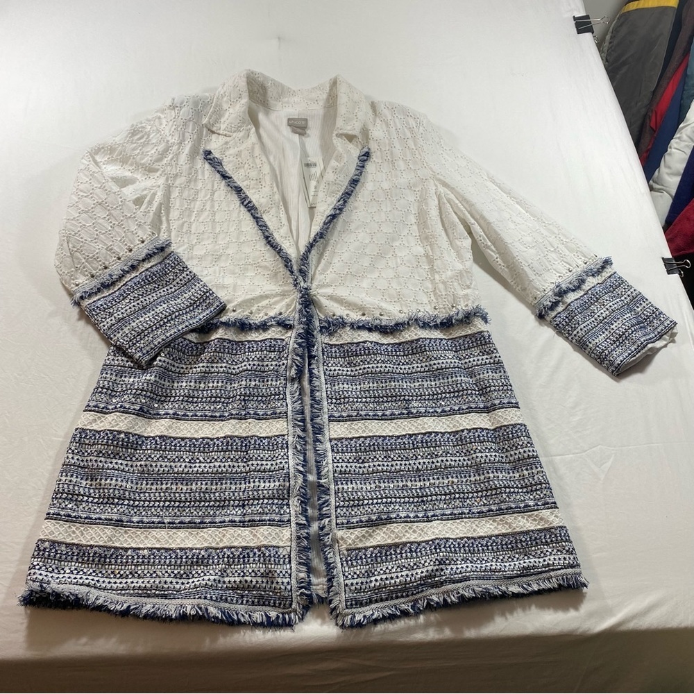Chico’s long Cardigan Boho Fringe Eyelet Embellished Trim Cotton Long Sleeve NWT